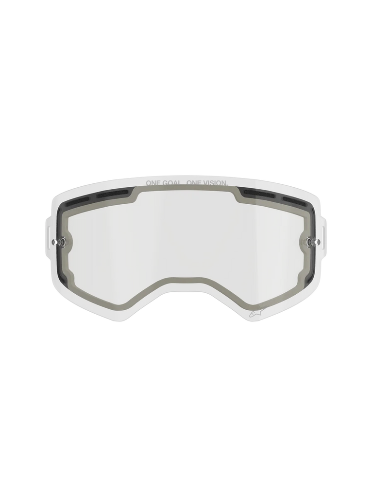 Alpinestars Supertech Double Pane Lens, Motocross Goggle Replacement Lens, Clear, vented design with grey foam seals, featuring 'ONE GOAL. ONE VISION.' branding on the top edge, curved anti-fog polycarbonate for off-road use.