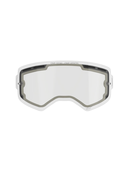 Alpinestars Supertech Double Pane Lens, Motocross Goggle Replacement Lens, Clear, vented design with grey foam seals, featuring 'ONE GOAL. ONE VISION.' branding on the top edge, curved anti-fog polycarbonate for off-road use.