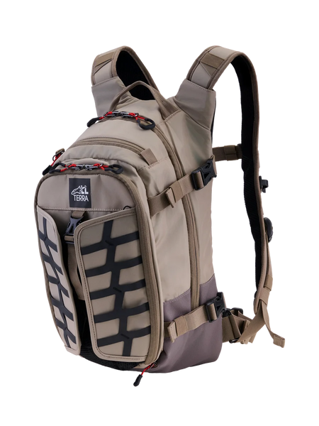 Alpinestars AT-15 Back Pack, Aluminum Walnut, 15L expandable adventure motorcycle backpack, front 3/4 view featuring All Terra logo, black grid panel, red zipper accents, and ergonomic shoulder straps, rugged off-road design