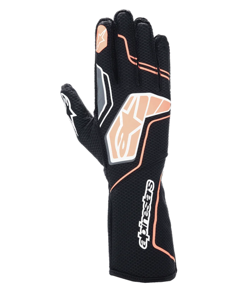 Alpinestars Tech-1 KX V4 Gloves, Karting Gloves, Black and Fluorescent Orange, showing breathable mesh construction, orange and white graphic details, Alpinestars logo on knuckles and cuff, professional racing design