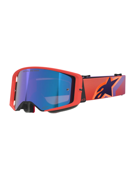 Alpinestars Supertech Vision Corp Goggles, Motocross Goggles, Hot Coral frame with Mirror Blue tinted lens, featuring a purple and orange patterned strap with the Alpinestars logo, high-performance eyewear for off-road racing
