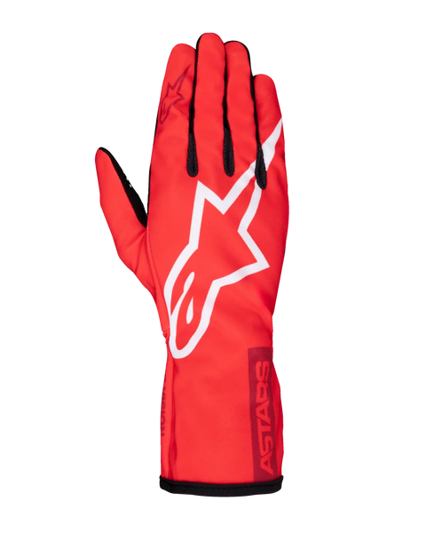 Alpinestars Tech-1 K Race V2 Pure Gloves, Karting Racing Gloves, Red with white and burgundy accents, featuring a prominent white star logo, black finger details, and ASTARS branding on the cuff, lightweight performance gear for drivers