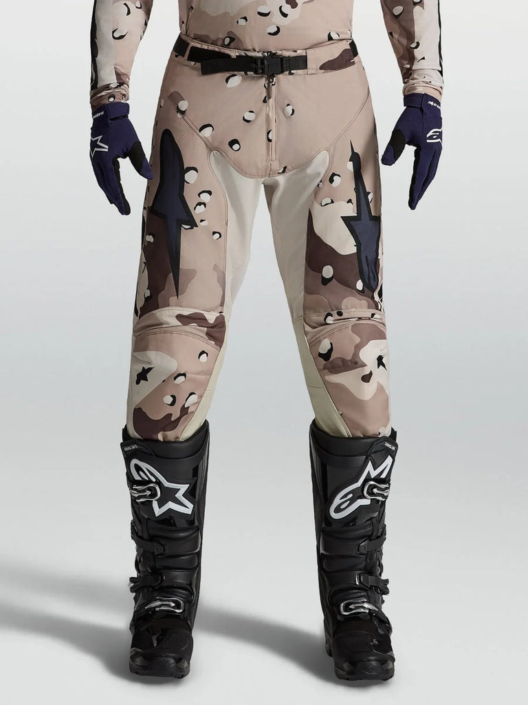 Alpinestars Racer Lone Pants, Motocross Riding Gear, Men, Desert Camo and Black, with reinforced leather inner knees.