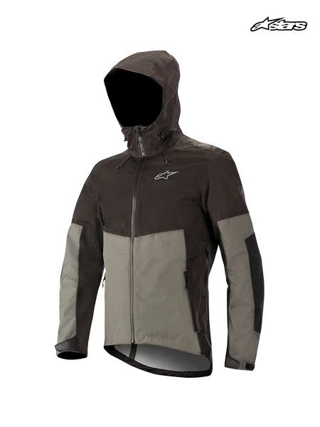 Alpinestars Tahoe Waterproof Jacket, mountain bike waterproof jacket, black and dark shadow, featuring a dual adjustment storm hood, full zip, and reflective details