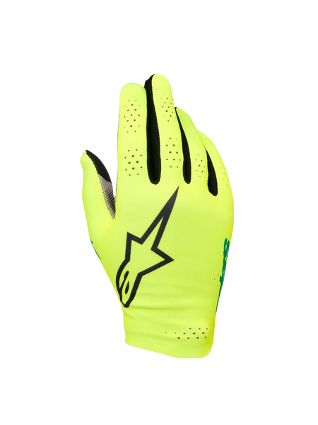 Alpinestars Sim Gloves Graphic 1, SIM Racing Gloves, Safety Yellow and Black with Turquoise accents, featuring large black star logo, perforated lightweight stretch material for ventilation, short cuff design for gaming precision