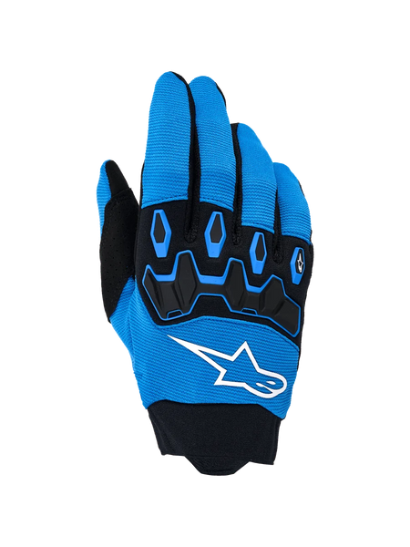 Alpinestars Full Bore V2 Gloves, Motocross Riding Gloves, Ucla Blue and Black, featuring a bold white logo and black TPR knuckle protection on a breathable stretch fabric backhand, designed for high-performance off-road racing