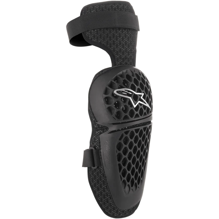 Alpinestars Youth Bionic Plus Knee Protectors, Black, Motocross and Off-road Protection, honeycomb pattern shell with white star logo, adjustable dual-strap closure, 3D mesh backing for ventilation