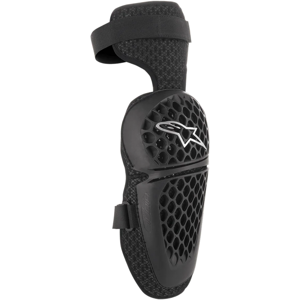 Alpinestars Youth Bionic Plus Knee Protectors, Black, Motocross and Off-road Protection, honeycomb pattern shell with white star logo, adjustable dual-strap closure, 3D mesh backing for ventilation