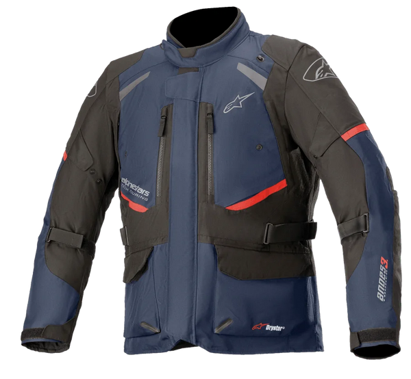 Alpinestars Andes V3 Drystar Jacket, Motorcycle Touring Jacket, Dark Blue and Black with Red accents, front view featuring zippered chest vents, adjustable waist straps, and high collar, waterproof textile construction for adventure riding