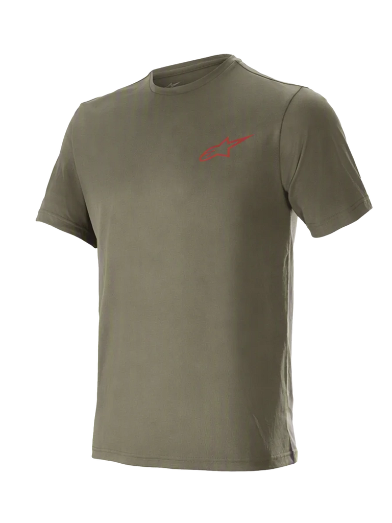 Olive Vert Tech Short Sleeve Tee, technical mountain bike jersey featuring moisture-wicking DriRelease fabric and a red Alpinestars chest logo.