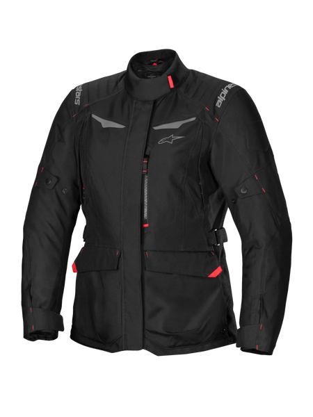 Alpinestars Stella ST-1 Waterproof Jacket, Women's Motorcycle Touring Jacket, Black with Red Accents, High Collar, Front Zipper, Large Waist Cargo Pockets, Adjustable Waist and Cuff Straps, Weather-Resistant Construction