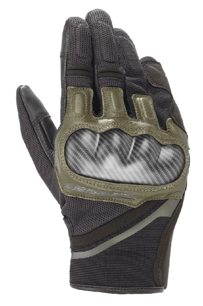 Alpinestars Chrome Gloves, Motorcycle Gloves, Black and Forest Green, featuring carbon-look hard knuckle protection, olive green leather accents, and durable multi-panel textile construction