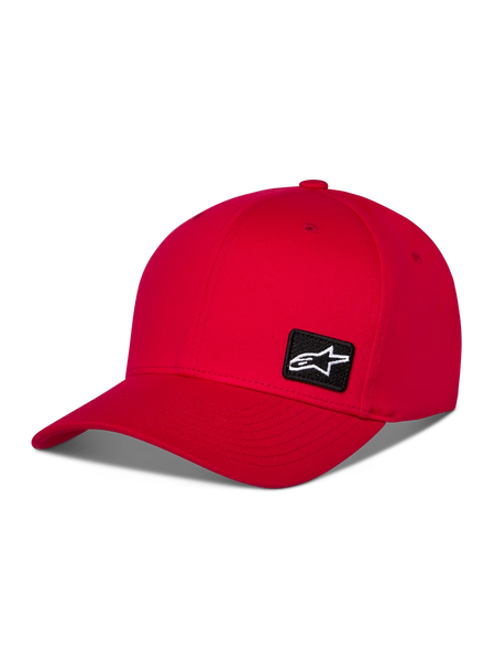 Alpinestars Pivot Hat, Red Sportswear Baseball Cap, curved bill with structured crown, featuring a small black Astars logo embroidery patch on the side, casual motorsport design