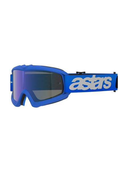 Alpinestars Vision Youth Blaze Goggles, Motocross Goggles, Blue Mirror Blue, blue frame with blue mirrored anti-fog lens, adjustable blue strap with white "astars" logo, specialized protective eyewear for youth riders