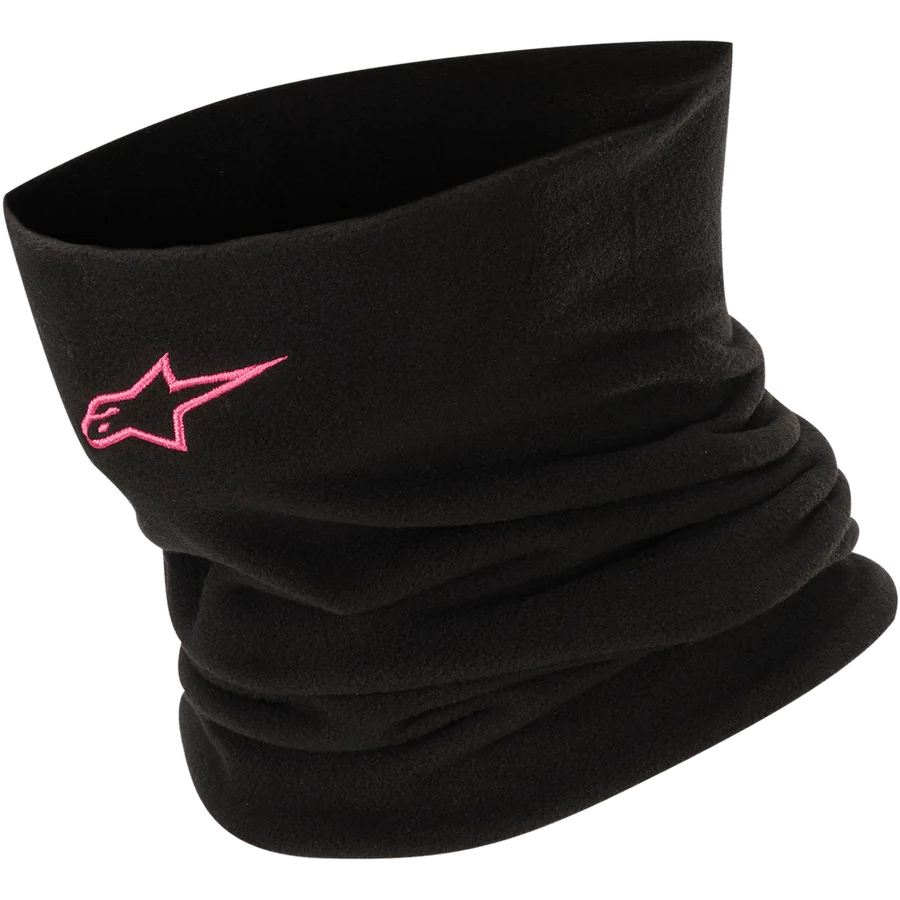 Alpinestars Neck Warmer, black and fuchsia fleece motorcycle neck gaiter providing thermal wind protection.