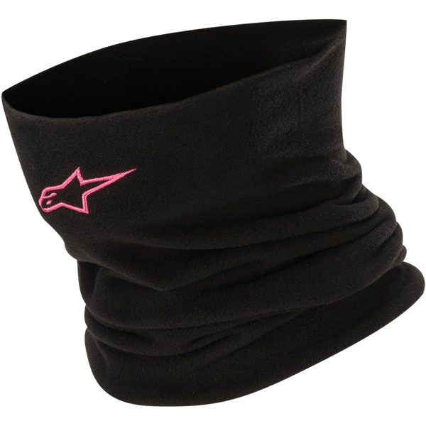 Alpinestars Neck Warmer, black and fuchsia fleece motorcycle neck gaiter providing thermal wind protection.