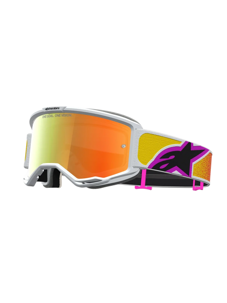 Alpinestars Vision 5 Drag Motocross Goggles, Orange Red Mirror Lens with White A-FLEX Frame and RAM-AIR Ventilation.
