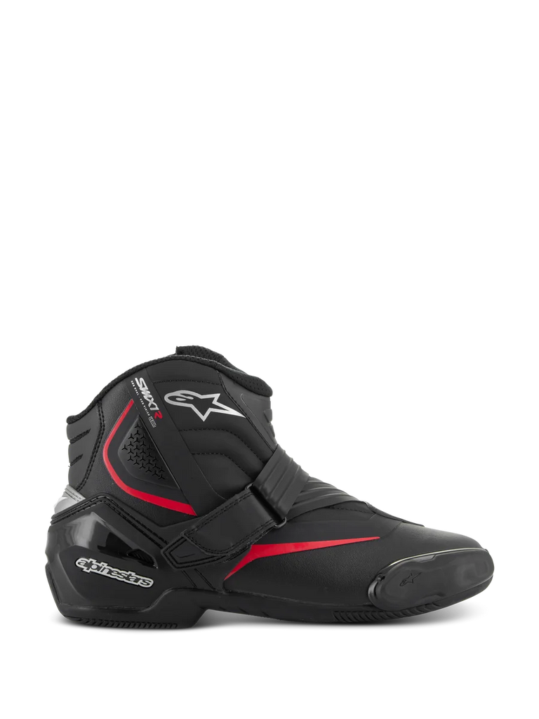 Alpinestars SMX-1 R V2 Boots, low-cut motorcycle performance riding boots, black with red and white accents, featuring a secure Velcro strap closure, reinforced TPU heel counter and ankle protection, accordion flex zones, and a textured rubber sole for sport road riding.