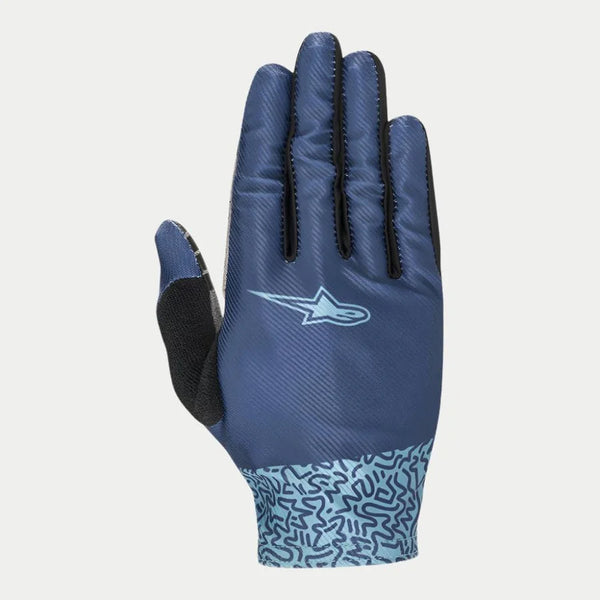 Alpinestars Stella Alderex Pro Gloves, Women's MTB Gloves, Mid Blue, featuring a dark blue textured backhand with a light blue star logo, light blue patterned cuff, and black thumb patch, designed for off-road cycling