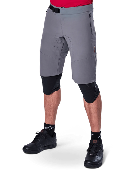 Alpinestars A-Aria Elite Shorts, Men's Dark Gray MTB shorts with magnetic buckle and zippered pockets.