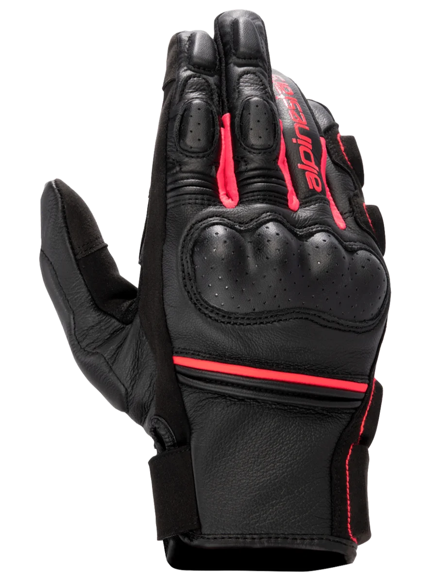 Alpinestars Stella Phenom Leather Air Glove, Women's Motorcycle Glove, Black and Diva Pink, hard knuckle protector, perforated leather construction, short cuff with Alpinestars branding, sport performance riding gear