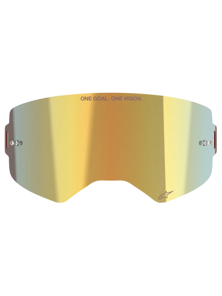 Alpinestars Supertech Mirror Lens, Motocross Goggle Replacement Lens, Mirror Gold finish, featuring 'ONE GOAL. ONE VISION.' text and Alpinestars logo, includes side tear-off posts, durable polycarbonate for off-road racing