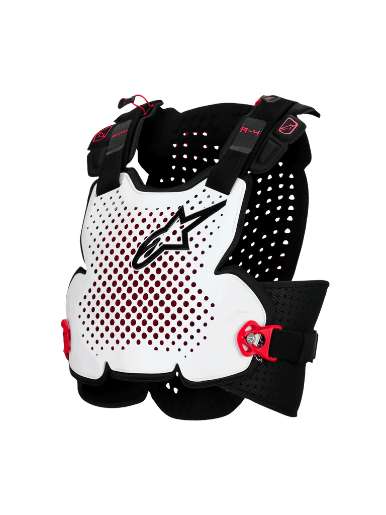 Alpinestars A-4 Plasma Chest Protector, Motorcycle Body Armor, White with Black and Red Accents, Ventilated Hard Shell Design, Adjustable Side Straps, Lightweight Off-Road Protection