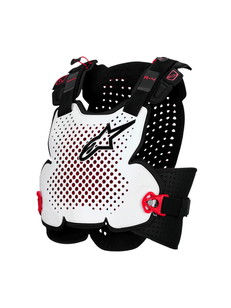 Alpinestars A-4 Plasma Chest Protector, Motorcycle Body Armor, White with Black and Red Accents, Ventilated Hard Shell Design, Adjustable Side Straps, Lightweight Off-Road Protection