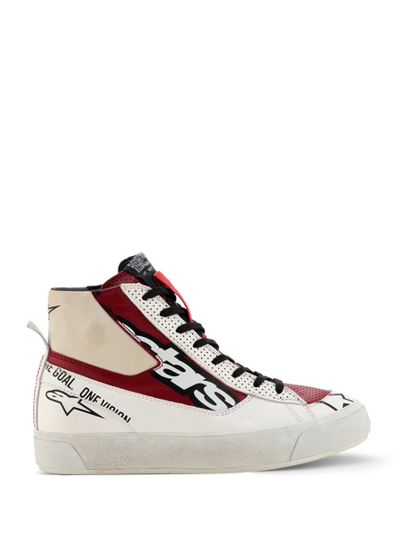 Alpinestars Stella Stated Flair Shoes, Women's High-Top Sneakers, Red White and Black, motorsport-inspired design with "one goal one vision" branding, textured white sole, pull tab, leather and fabric construction