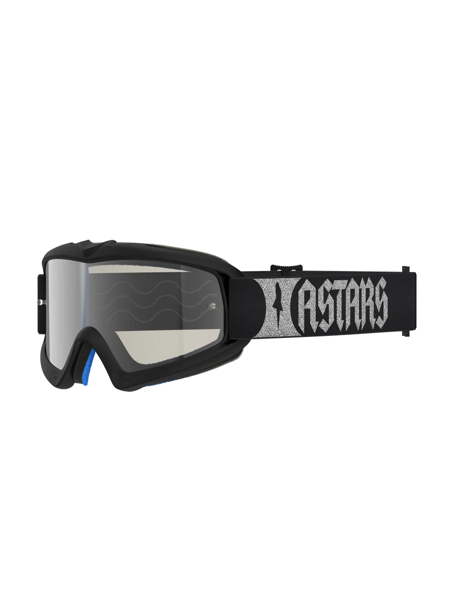 Alpinestars Vision Youth Atrox Goggles, youth motocross eyewear in black and silver with a silver mirror lens and woven strap.