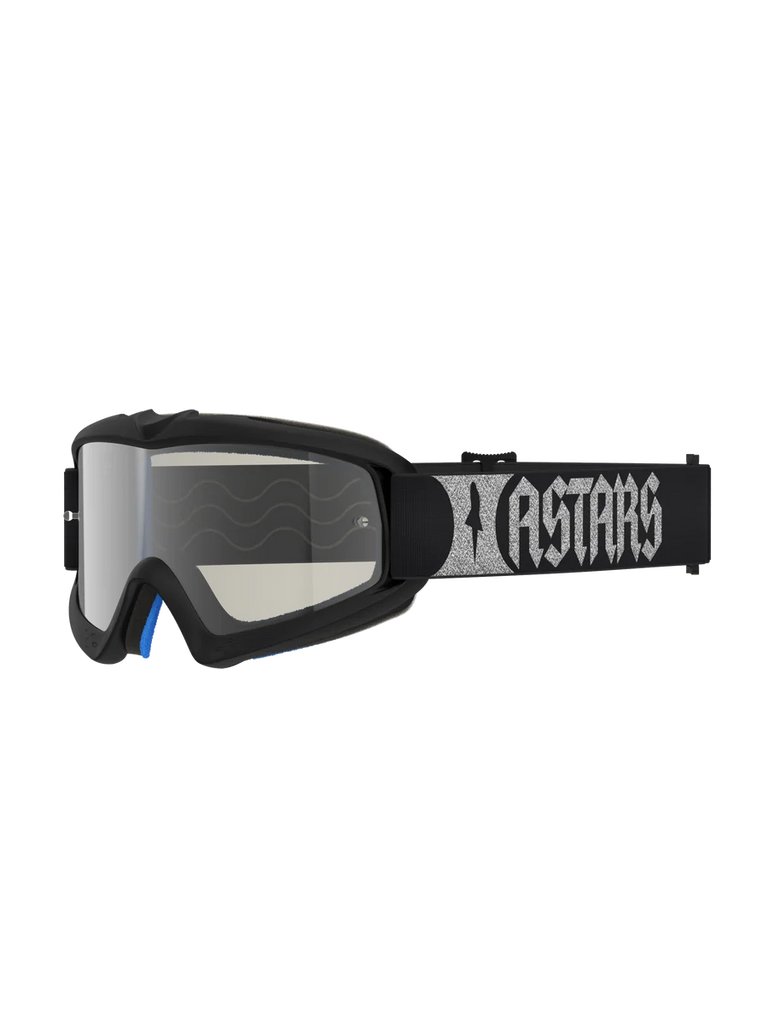 Alpinestars Vision Youth Atrox Goggles, youth motocross eyewear in black and silver with a silver mirror lens and woven strap.
