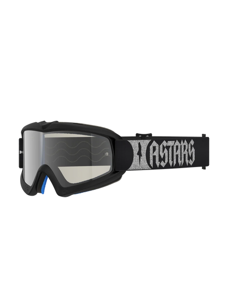 Alpinestars Vision Youth Atrox Goggles, youth motocross eyewear in black and silver with a silver mirror lens and woven strap.