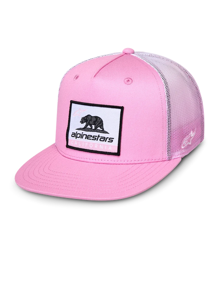 Alpinestars Cali Gradient Trucker Hat, Pink and White, flat bill cap with woven Cali Bear patch, pink twill front and gradient mesh back, casual sportswear headwear