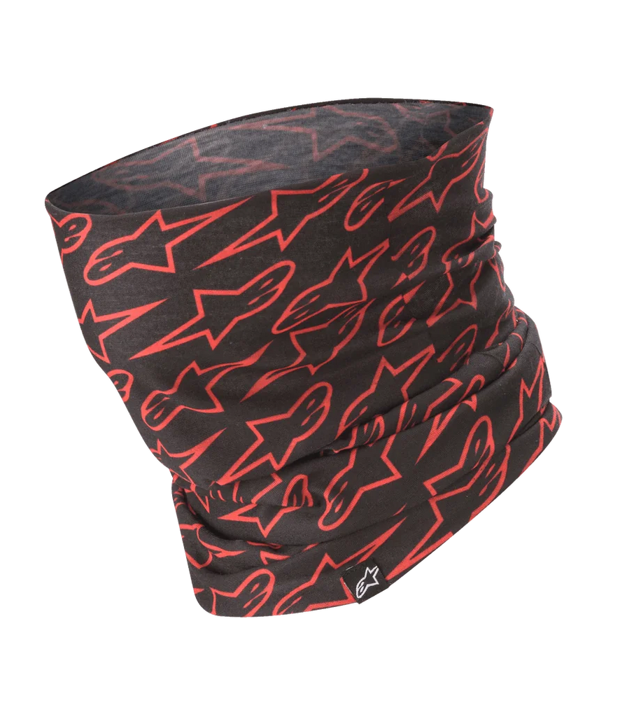 Alpinestars Neck Tube, Motorcycle Neck Gaiter, Black with Red Star Logo Pattern, Lightweight Silky Fabric, Base Layer Accessory for Riding