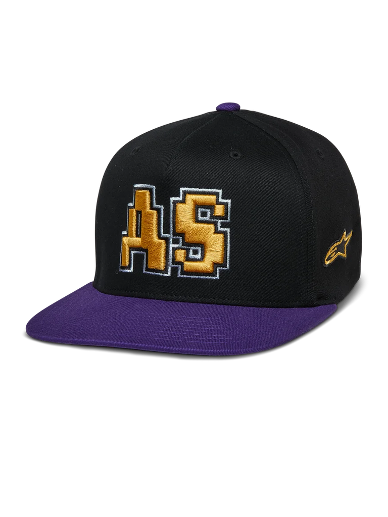 Alpinestars Franchise Hat, Flat Bill Cap, Black and Purple, Gold 3D Embroidered AS Logo with White Outline, Purple Brim and Top Button, Structured Flex Fit Design