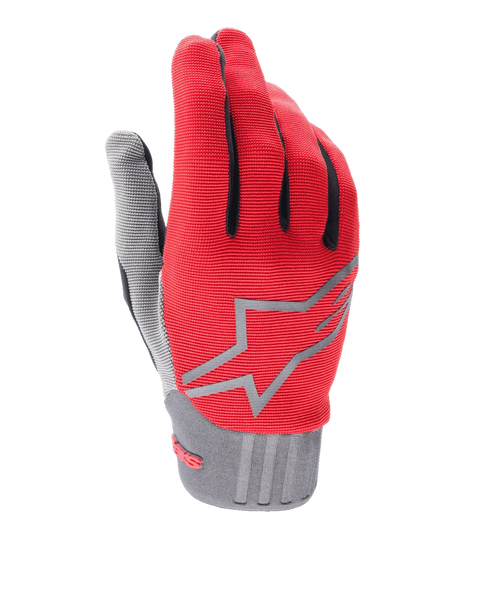 Alpinestars Youth A-Dura Gloves, Red and Gray, Mountain Bike Gloves for Kids, featuring a gray star logo on the back, black finger accents, and a textured gray cuff, lightweight synthetic fabric for off-road cycling