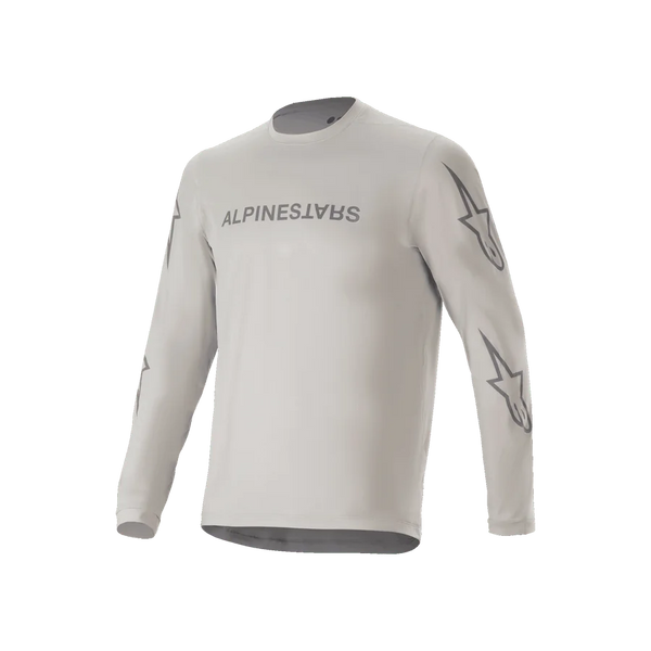 Alpinestars A-Dura Switch Long Sleeve Jersey, Light Gray mountain bike jersey, featuring chest wordmark and sleeve star logos, performance cycling apparel for trail riding