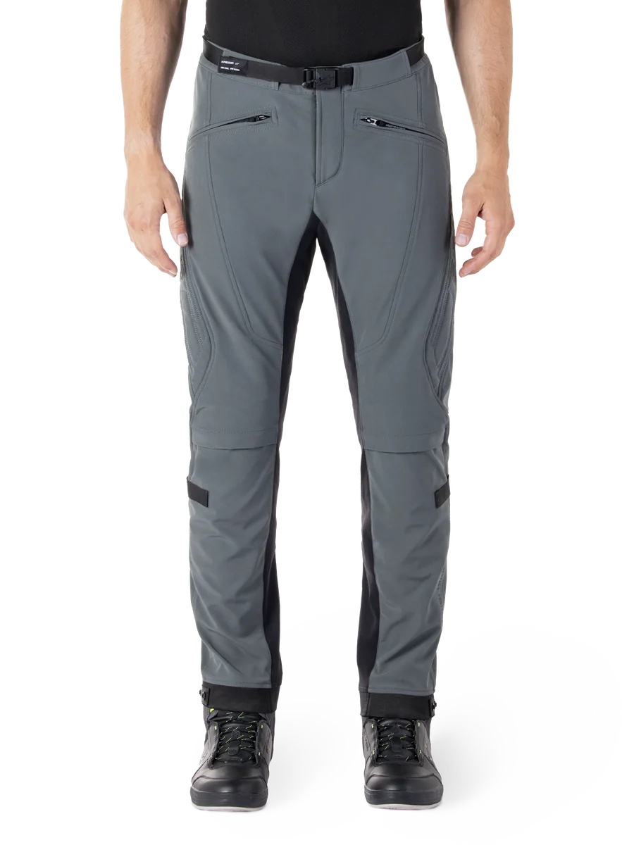 Alpinestars Alden Pants, Urban Gray with black panels, technical motorcycle riding pants, front view featuring zippered pockets and integrated magnetic waist belt, slim-fit softshell design for urban commuting