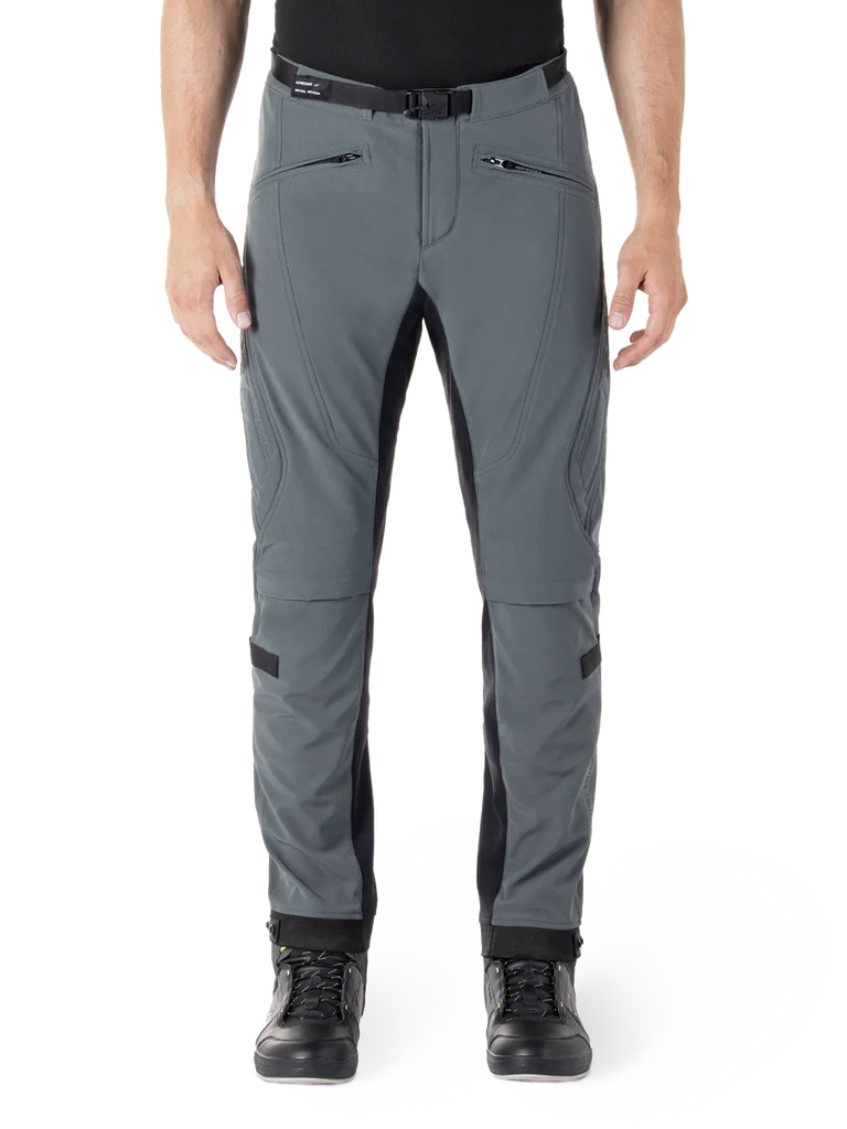 Alpinestars Alden Pants, Urban Gray with black panels, technical motorcycle riding pants, front view featuring zippered pockets and integrated magnetic waist belt, slim-fit softshell design for urban commuting