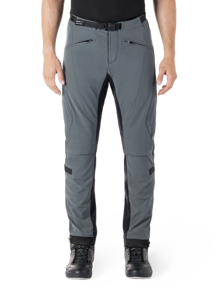 Alpinestars Alden Pants, Urban Gray with black panels, technical motorcycle riding pants, front view featuring zippered pockets and integrated magnetic waist belt, slim-fit softshell design for urban commuting