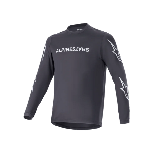 Alpinestars A-Dura Switch Long Sleeve Jersey, Black, white Alpinestars chest wordmark and star logos on sleeves, lightweight technical fabric, MTB cycling apparel