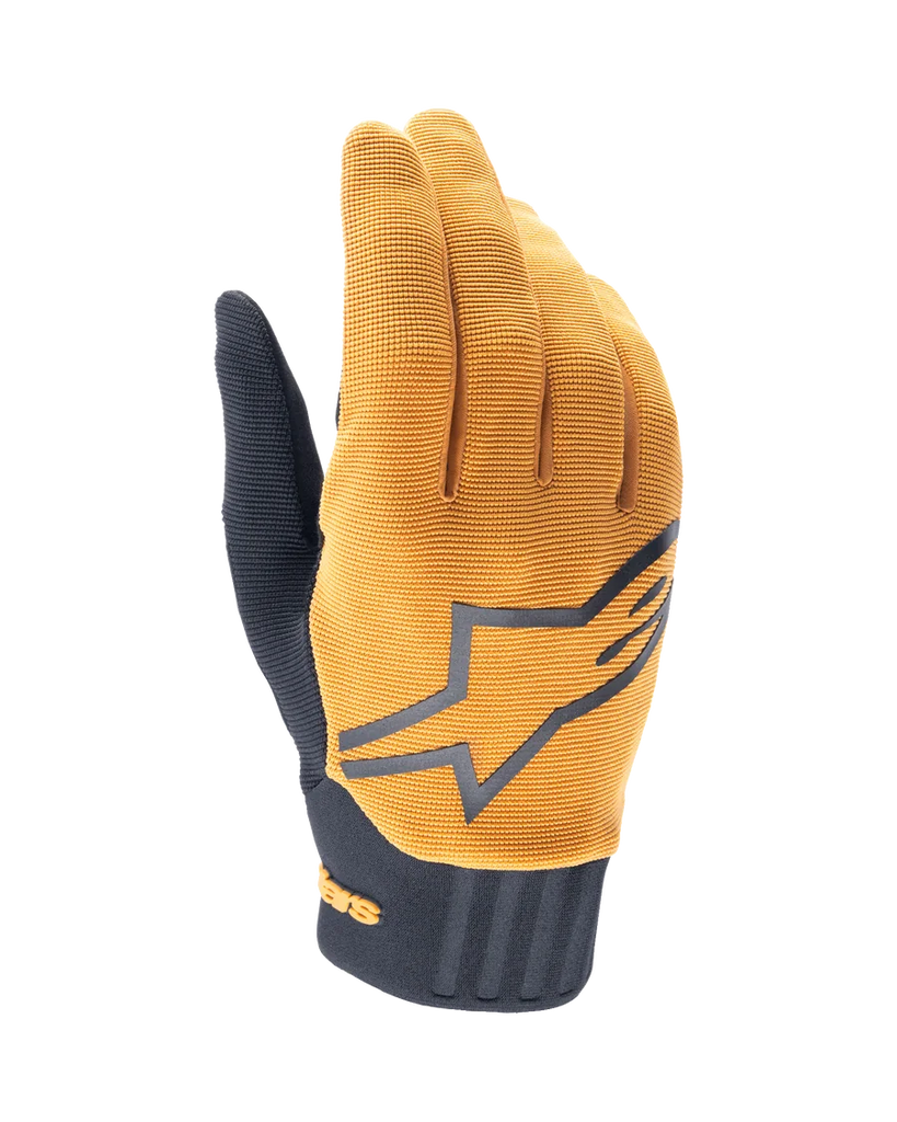 Alpinestars A-Dura Gloves, MTB Mountain Biking Gloves, Dark Gold and Black, textured gold fabric upper with a large grey Alpinestars logo, black neoprene cuff, designed for grip and mobility in off-road cycling