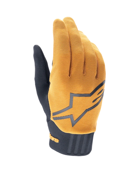 Alpinestars A-Dura Gloves, MTB Mountain Biking Gloves, Dark Gold and Black, textured gold fabric upper with a large grey Alpinestars logo, black neoprene cuff, designed for grip and mobility in off-road cycling