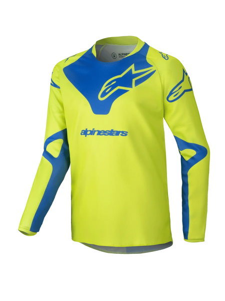 Alpinestars 2025 Youth Racer Veil Jersey, Motocross Jersey, Yellow Fluo and Blue, long-sleeve technical top, blue Alpinestars logo on chest and shoulders, lightweight moisture-wicking fabric for off-road racing