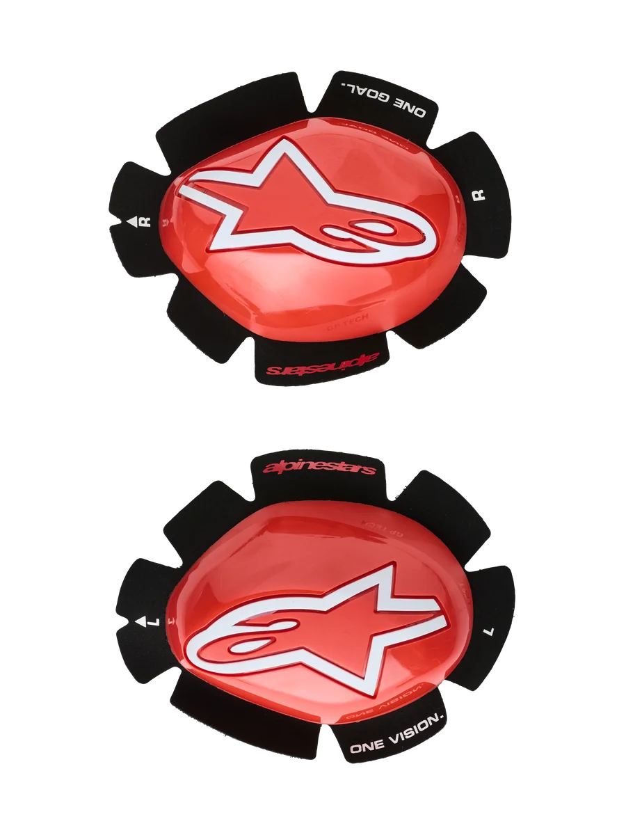 Alpinestars GP Tech Knee Sliders, Red and White, Motorcycle Racing Knee Protectors, featuring a large white star logo on glossy red plastic, 'ONE GOAL. ONE VISION.' text on black petal-shaped velcro backing, left and right pair for track use.