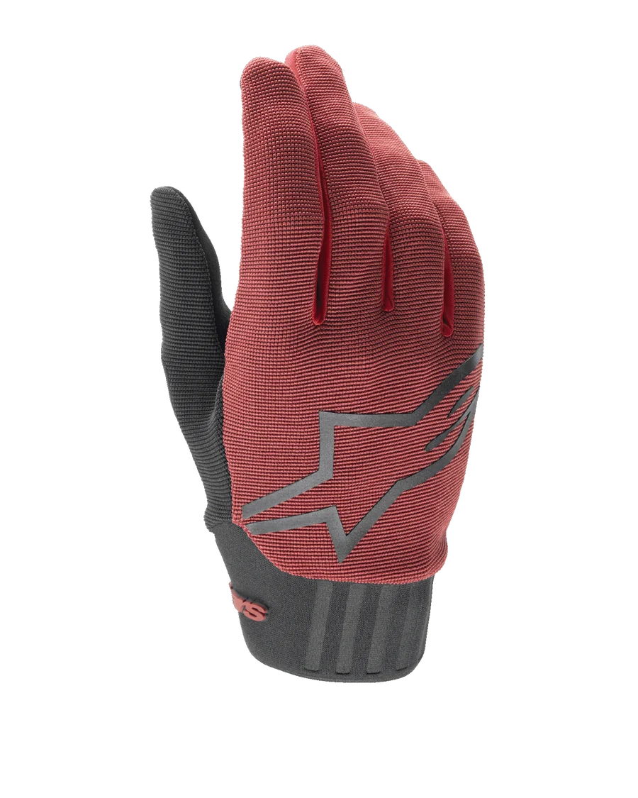 Alpinestars Women Stella A-Dura Gloves, Mountain Bike Gloves, Burgundy and Black, featuring a textured fabric upper, large gray star logo on the back, and a black neoprene cuff with secure closure, designed for ergonomic fit and performance