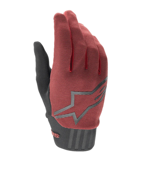 Alpinestars Women Stella A-Dura Gloves, Mountain Bike Gloves, Burgundy and Black, featuring a textured fabric upper, large gray star logo on the back, and a black neoprene cuff with secure closure, designed for ergonomic fit and performance