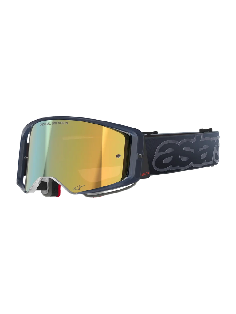 Alpinestars Supertech Vision Vista Goggles, Motocross MX Goggles, Black Mirror Gold colorway, dark translucent frame, gold mirrored lens featuring "ONE GOAL. ONE VISION." text, black strap with large embossed gray "astars" branding