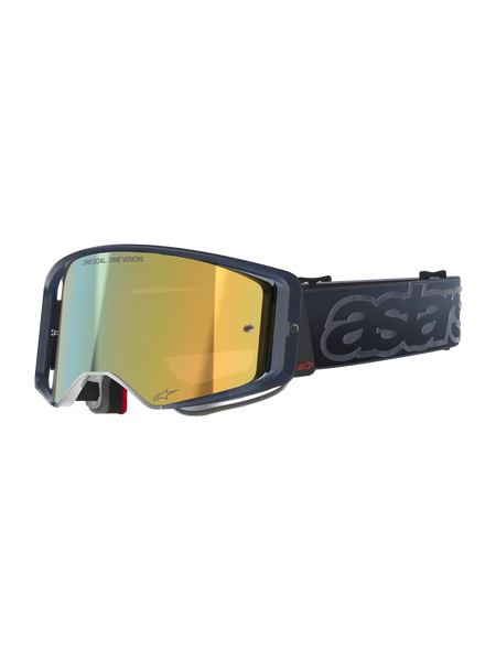 Alpinestars Supertech Vision Vista Goggles, Motocross MX Goggles, Black Mirror Gold colorway, dark translucent frame, gold mirrored lens featuring "ONE GOAL. ONE VISION." text, black strap with large embossed gray "astars" branding