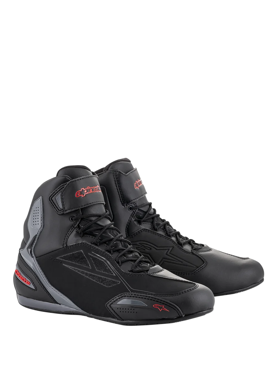 Alpinestars Faster-3 Drystar Riding Shoes, waterproof motorcycle shoes, men's, black and gray with red accents.